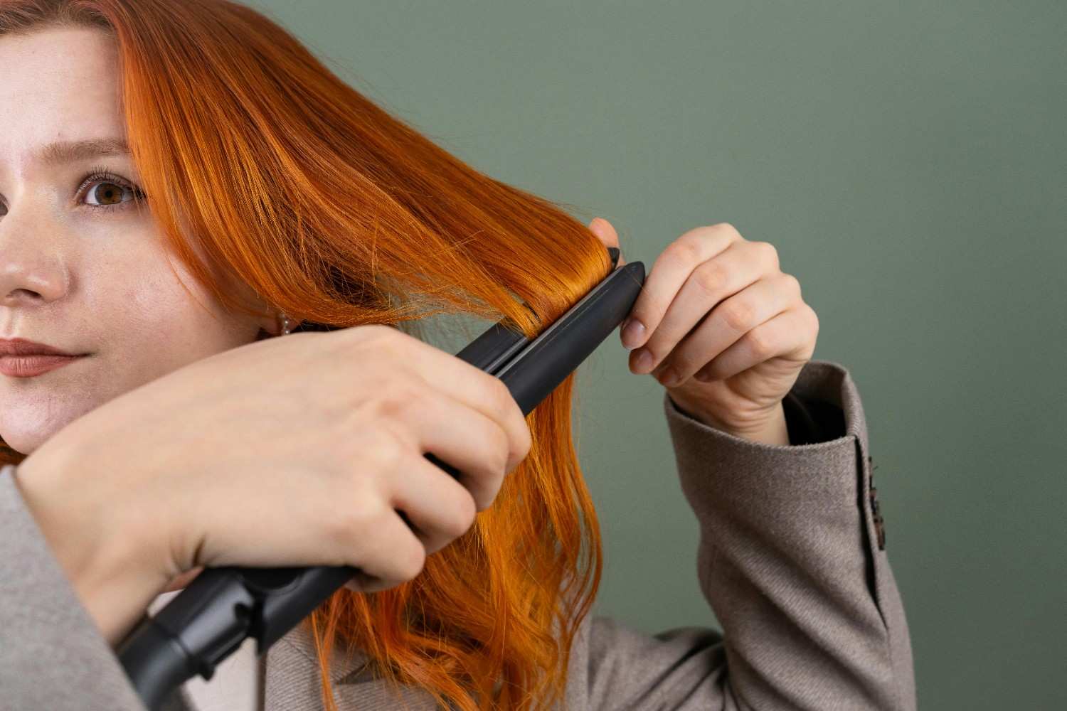 A woman styling her hair with heat.
